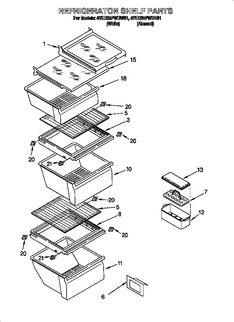 Whirlpool 4YED25PWDW01 refrigerator shelf diagram