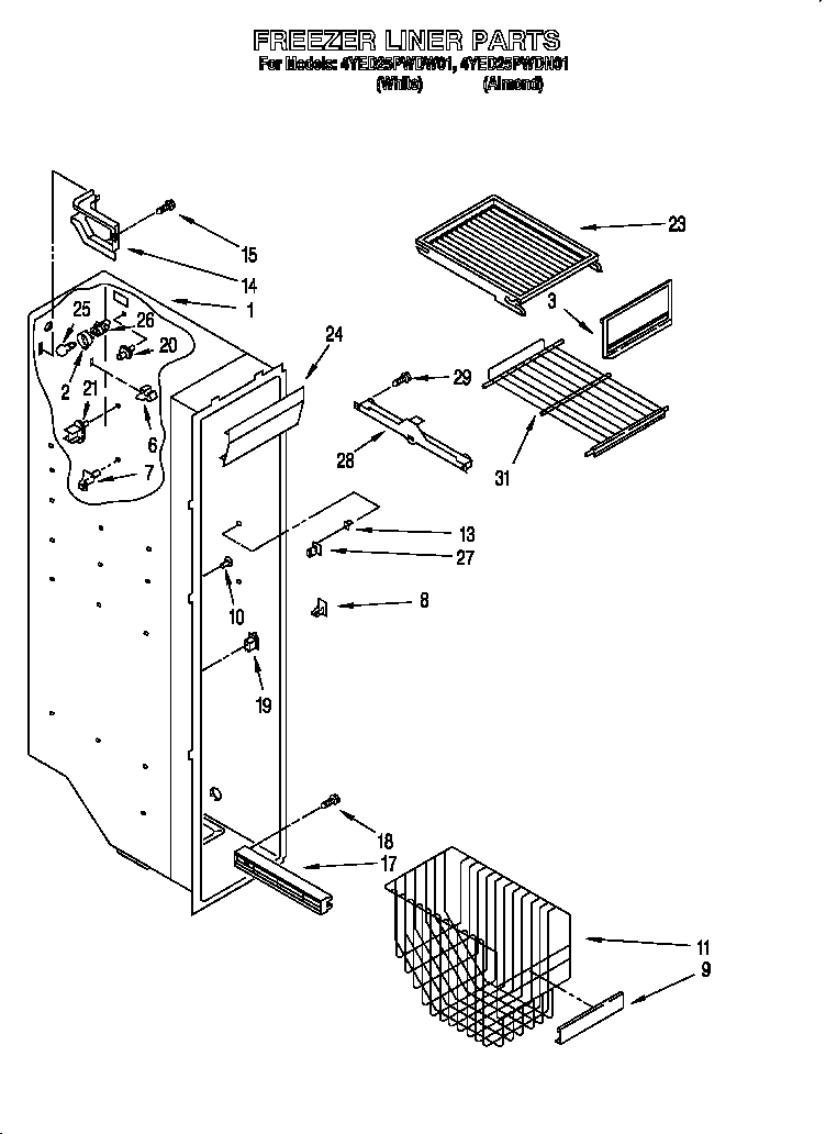Whirlpool 4YED25PWDW01 freezer liner diagram
