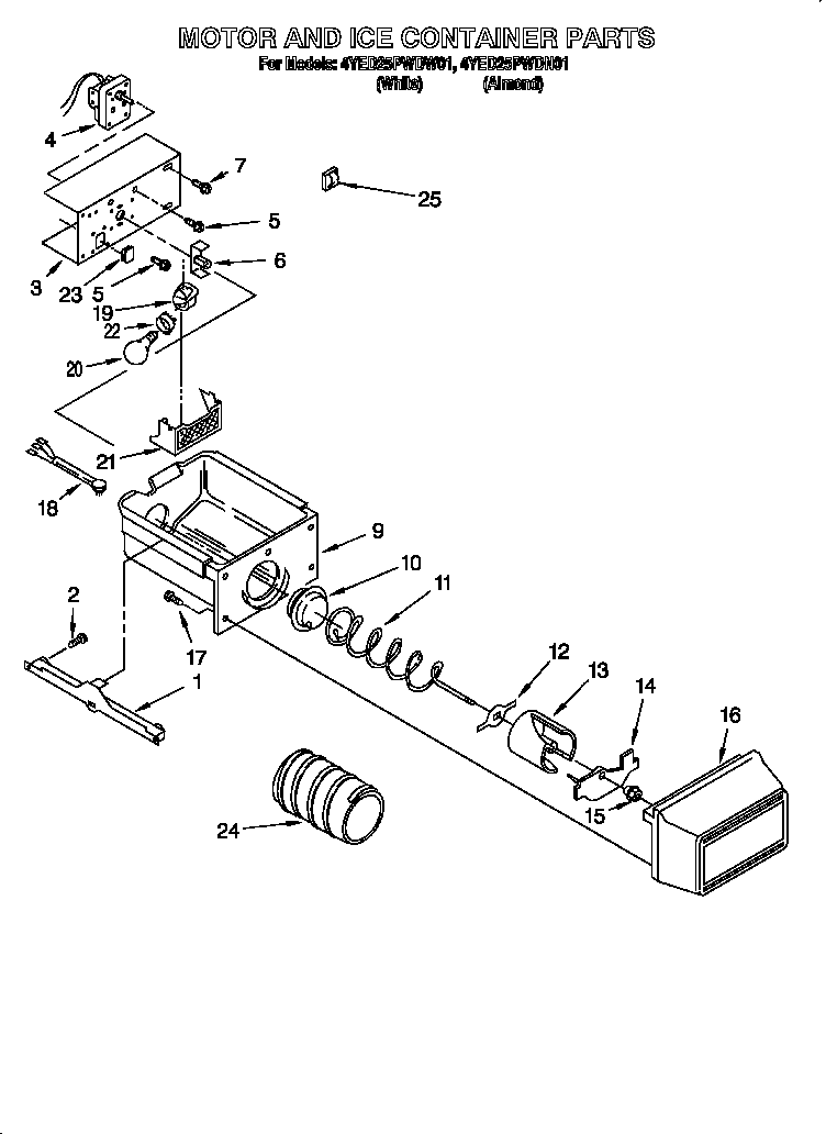 Whirlpool 4YED25PWDW01 motor and ice container diagram