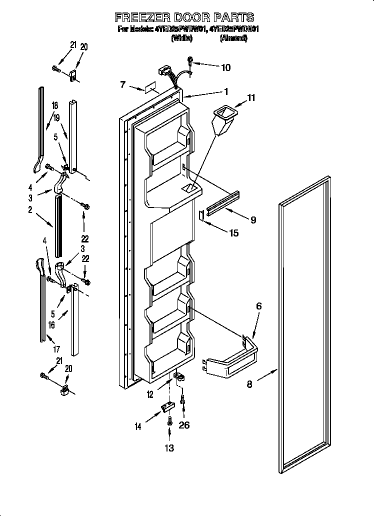 Whirlpool 4YED25PWDW01 freezer door diagram