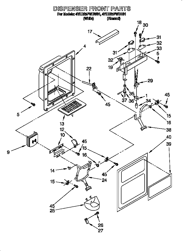 Whirlpool 4YED25PWDW01 dispenser front diagram