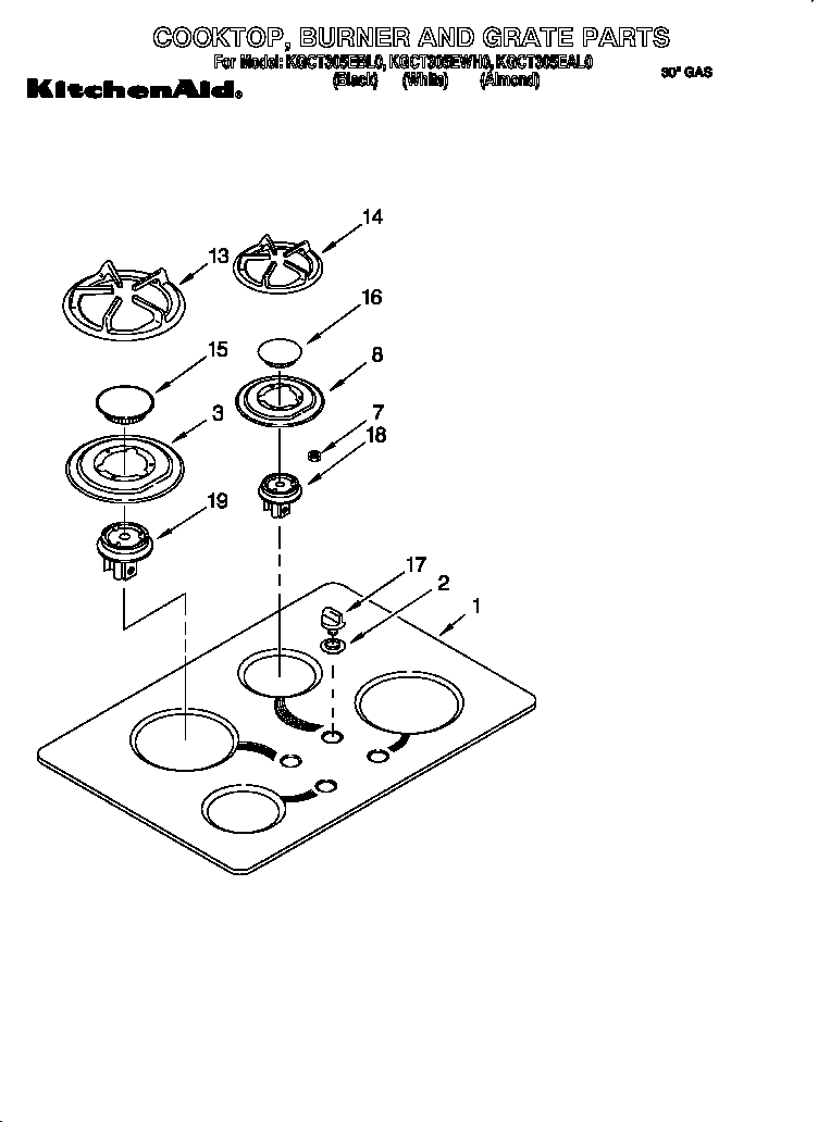 KitchenAid KGCT305EWH0 cooktop, burner and grate diagram