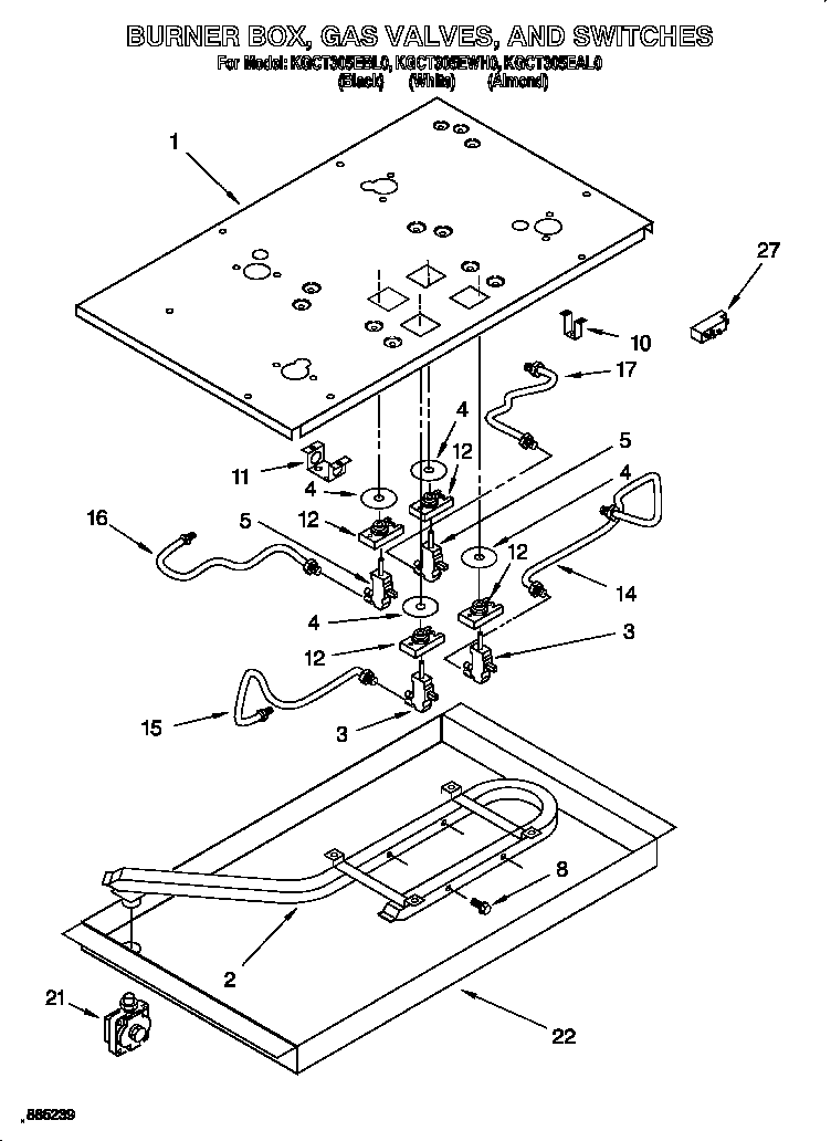 KitchenAid KGCT305EWH0 burner box, gas valves and switches diagram