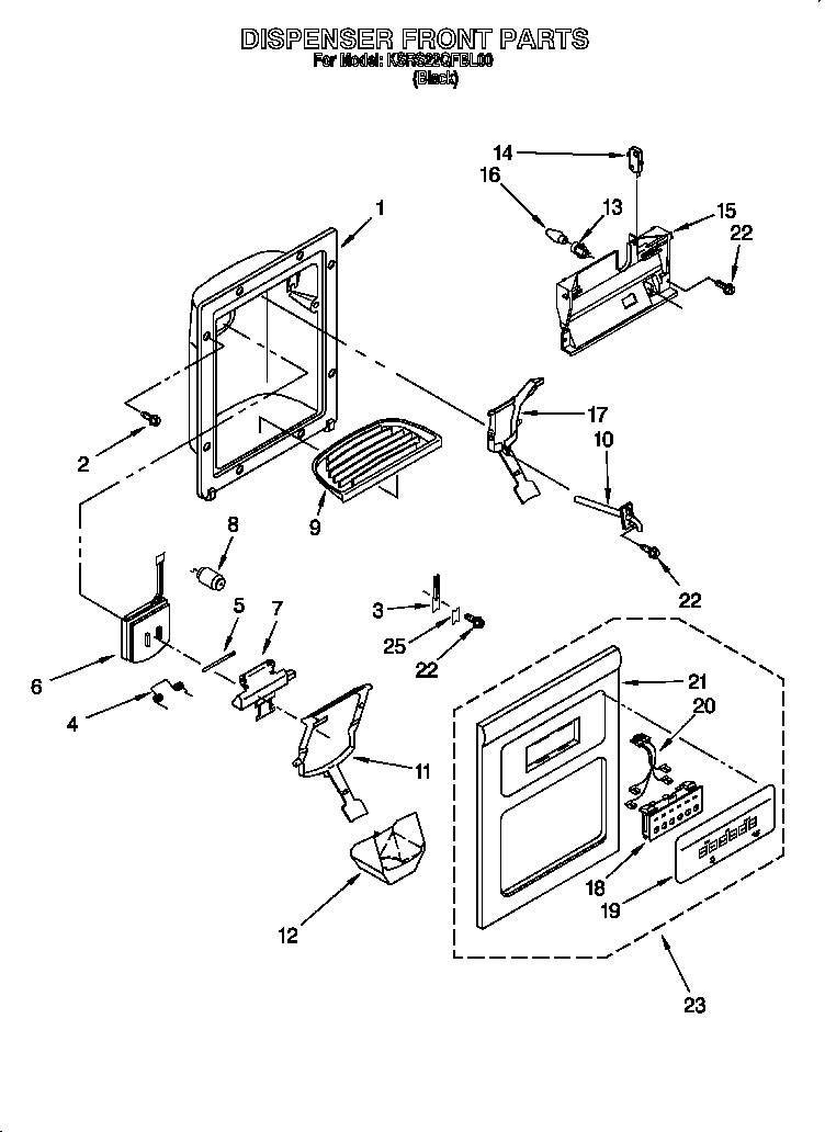 KitchenAid KSRS22QFBL00 dispenser front diagram