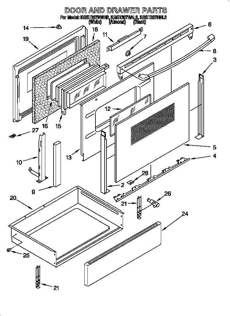 KitchenAid KGST307BAL2 door and drawer diagram