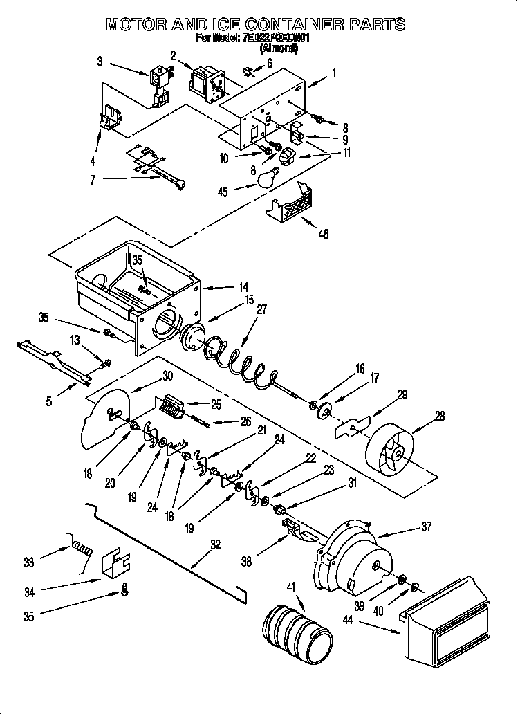 Whirlpool 7ED22PQXDN01 motor and ice container diagram
