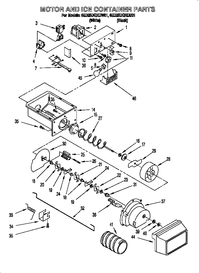 Whirlpool 6ED25DQXDB01 motor and ice container diagram