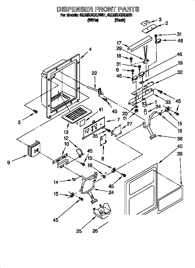 Whirlpool 6ED25DQXDB01 dispenser front diagram