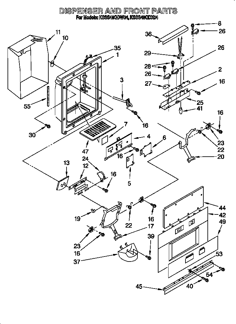 KitchenAid KSSS48QDX04 dispenser and front diagram