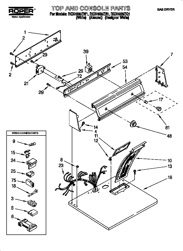 Roper RGX4635EQ1 top and console diagram