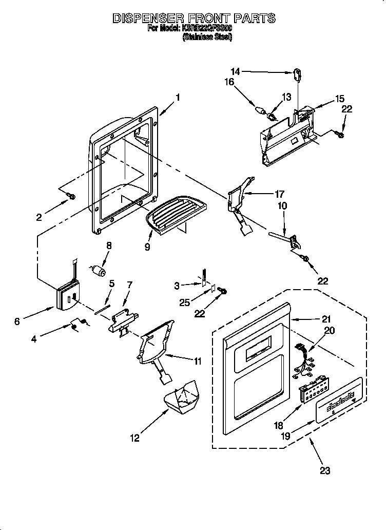 KitchenAid KSRB22QFSS00 dispenser front diagram