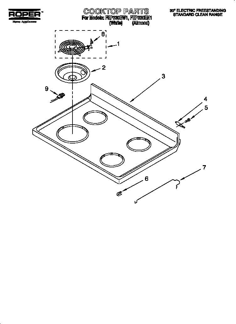 Roper FEP330EW1 cooktop diagram