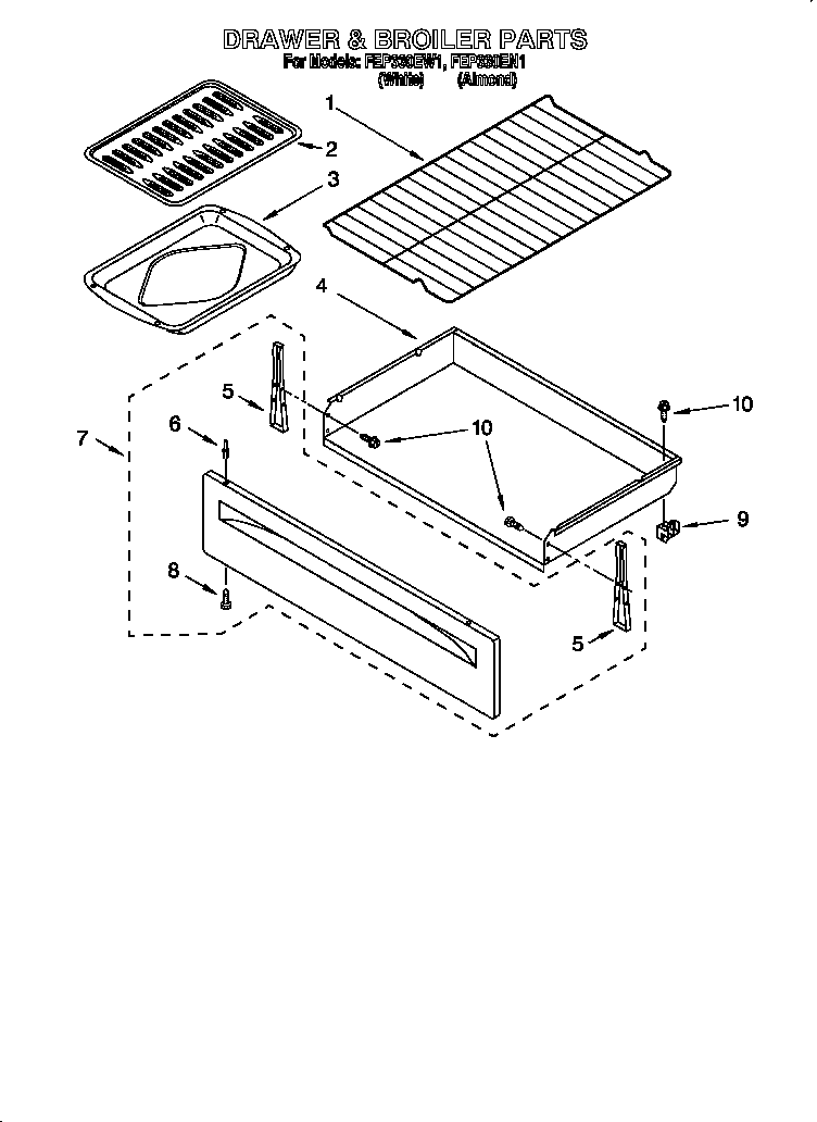 Roper FEP330EW1 drawer and broiler diagram