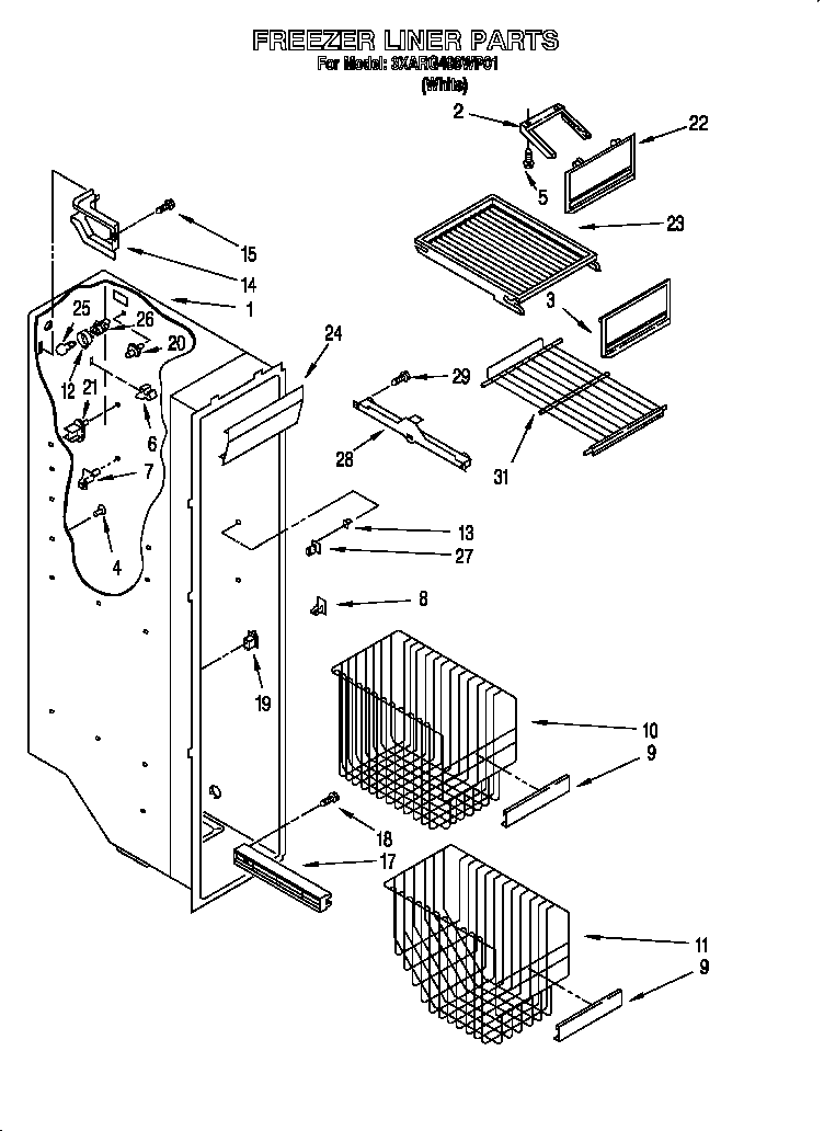 Whirlpool 3XARG498WP01 freezer liner diagram