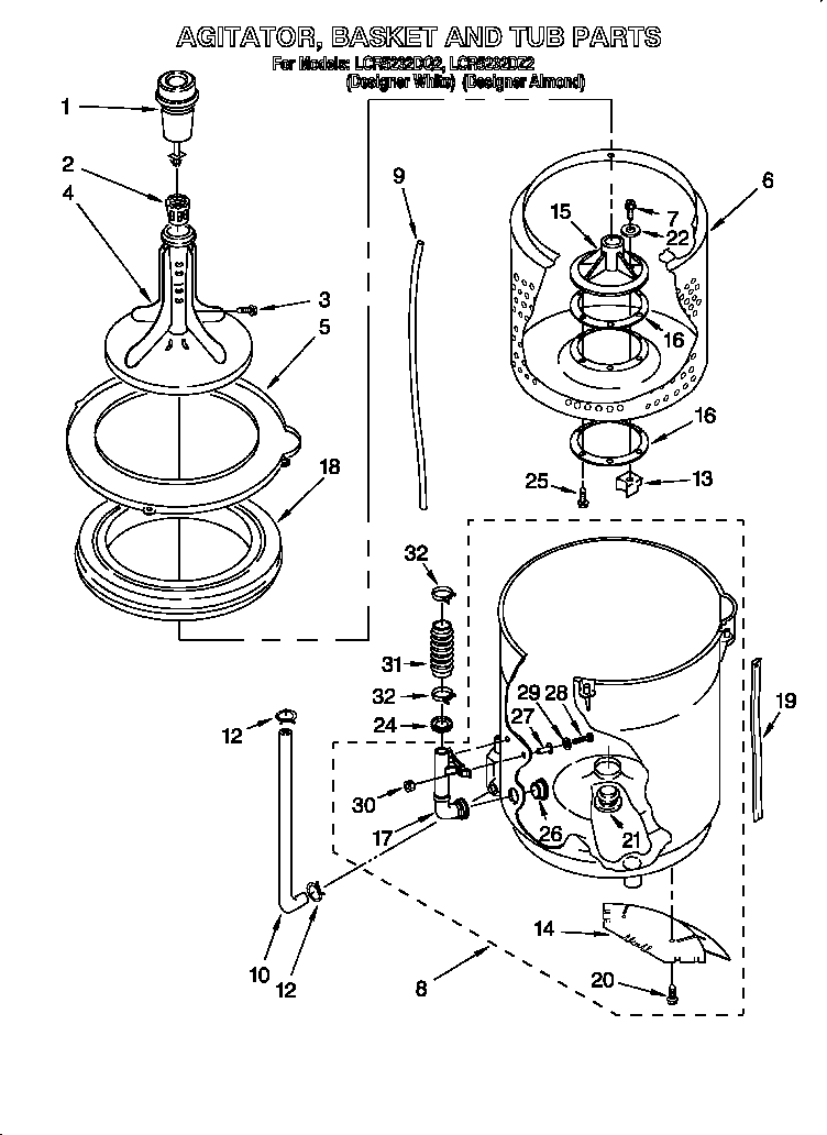 Whirlpool LCR5232DZ2 agitator, basket and tub diagram