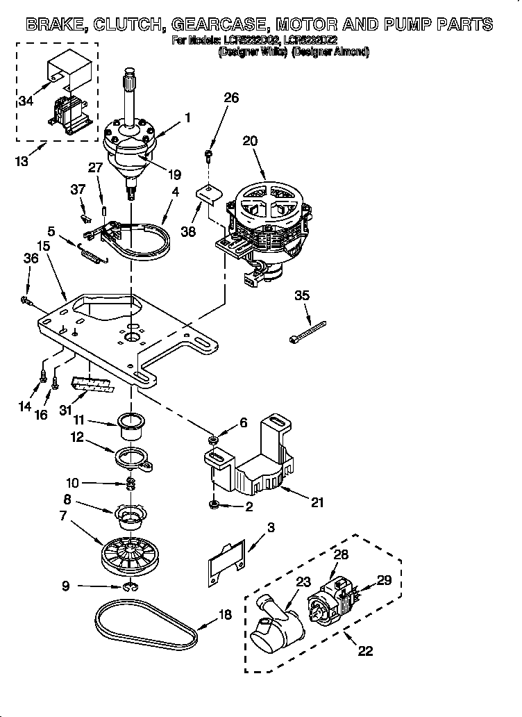 Whirlpool LCR5232DZ2 brake, clutch, gearcase, motor and pump diagram