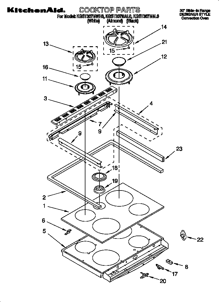 KitchenAid KGST307BWH0 cooktop diagram