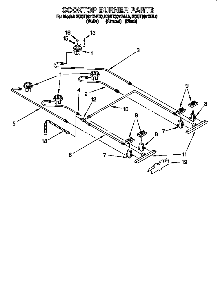 KitchenAid KGST307BWH0 cooktop burner diagram