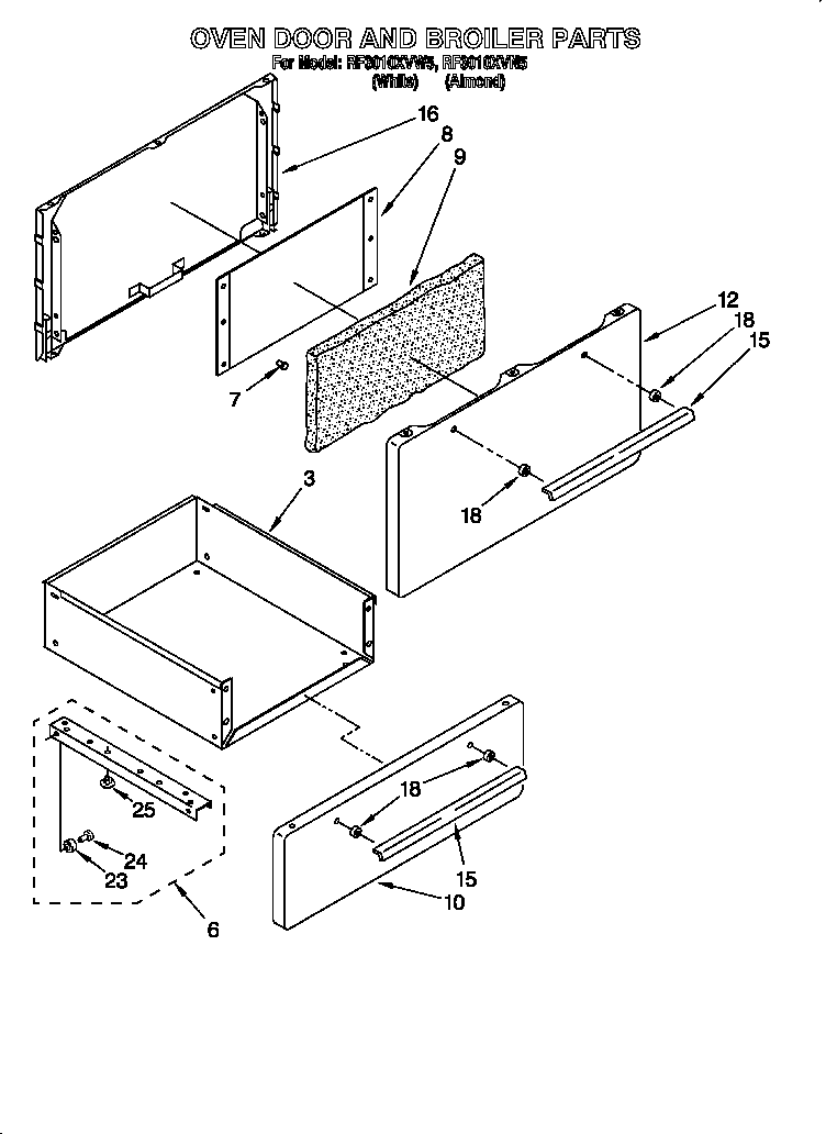 Whirlpool RF3010XVW5 oven door and broiler diagram