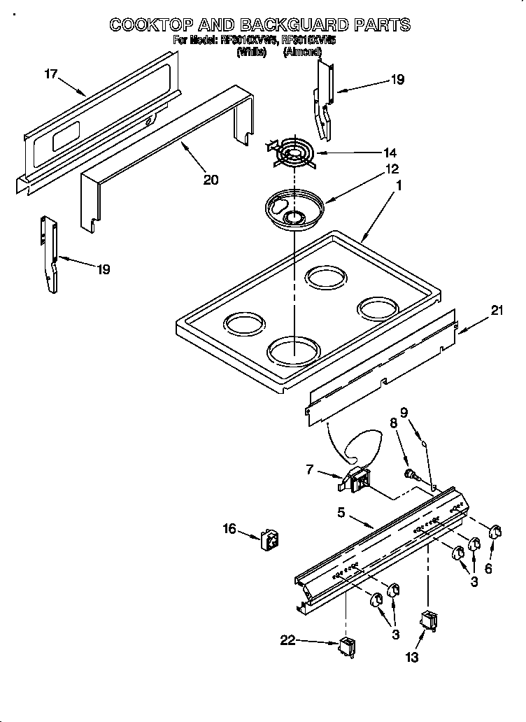 Whirlpool RF3010XVW5 cooktop and backguard diagram