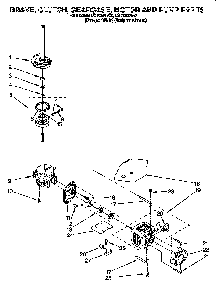 Whirlpool LSR8300EZ0 brake, clutch, gearcase, motor and pump diagram