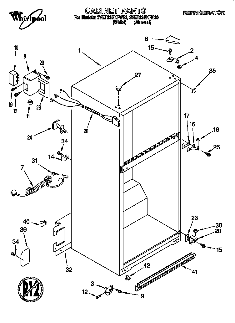 Whirlpool 3VET23DKFN00 cabinet diagram