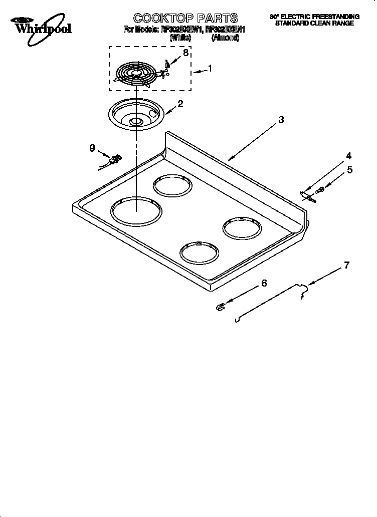 Whirlpool RF302BXEW1 cooktop diagram