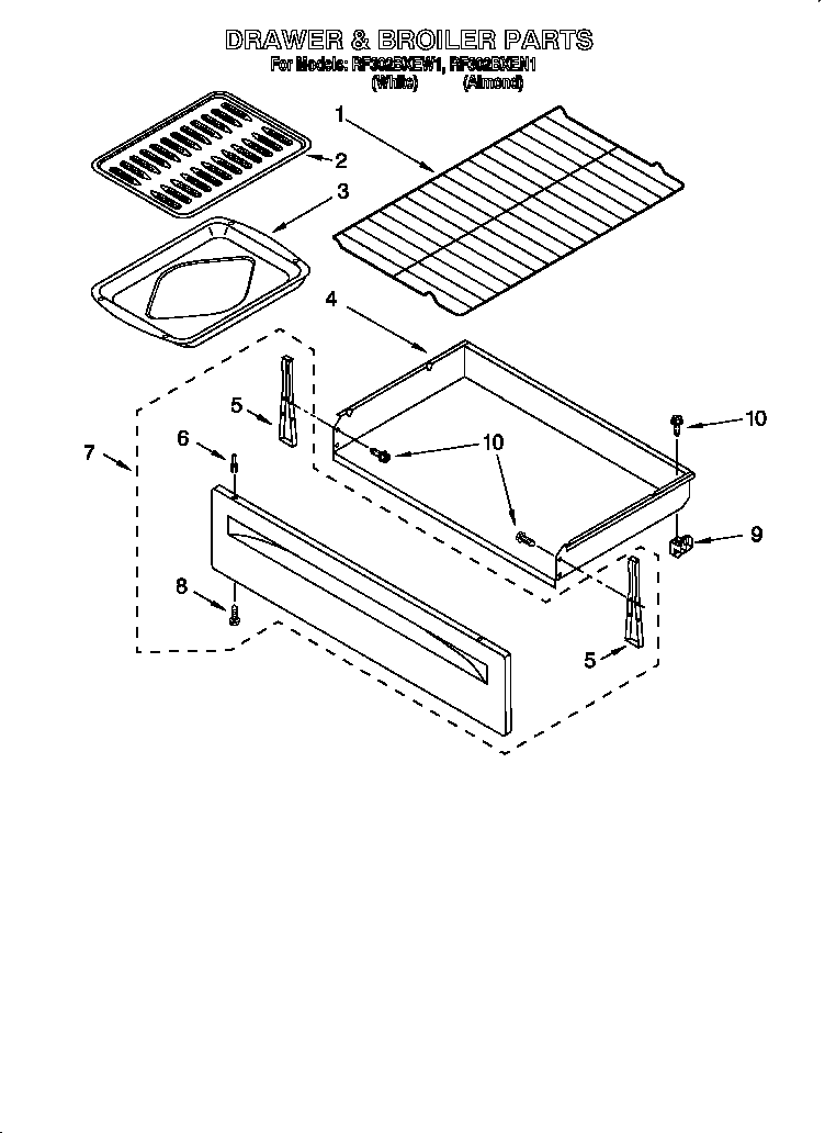 Whirlpool RF302BXEW1 drawer and broiler diagram