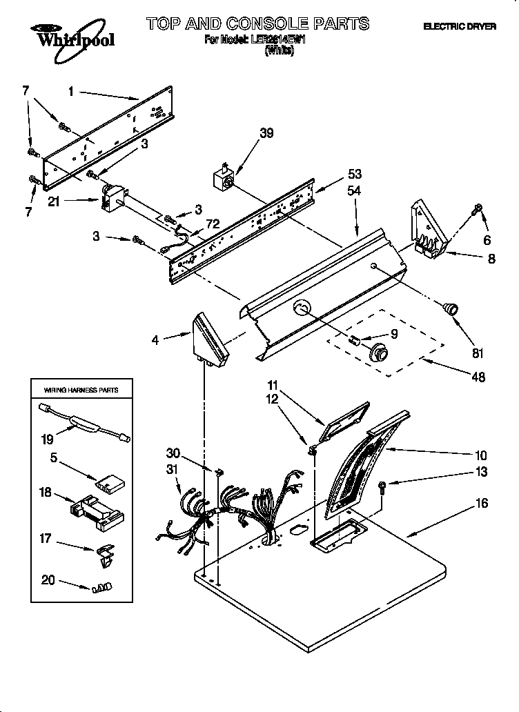 Whirlpool LER2614EW1 top and console diagram