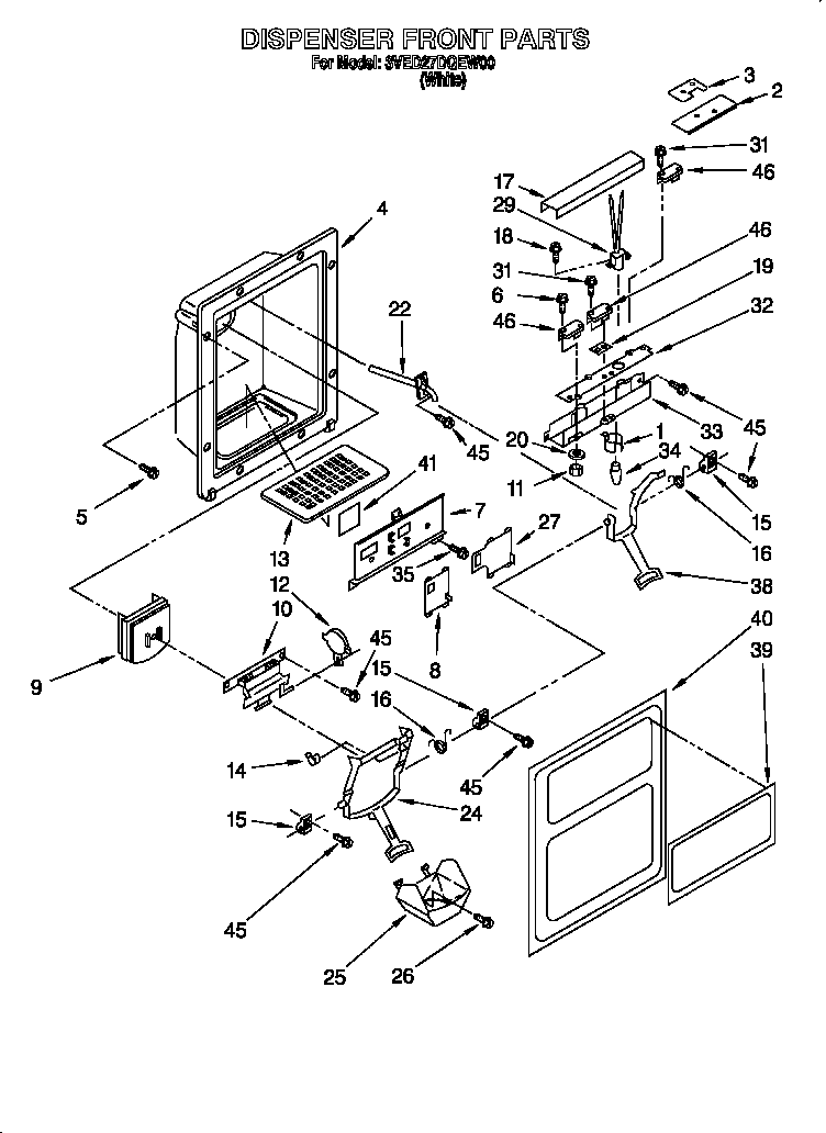 Whirlpool 3VED27DQEW00 dispenser front diagram