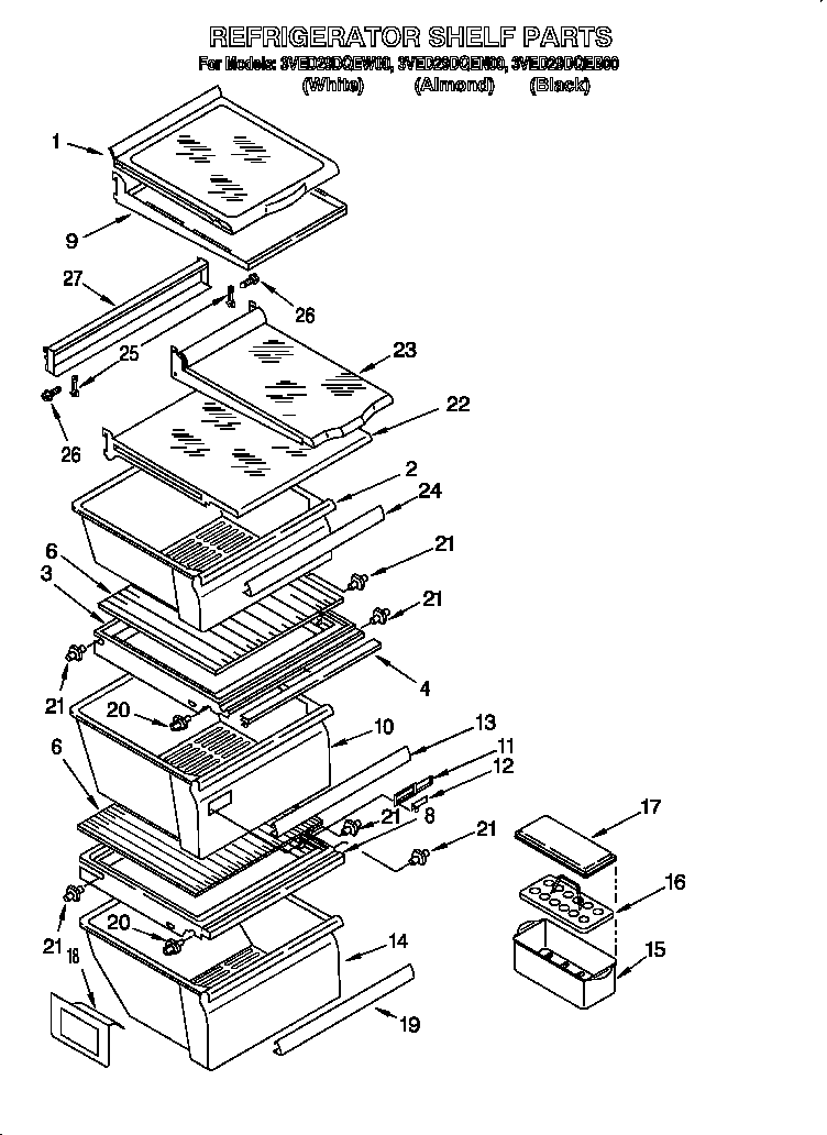 Whirlpool 3VED29DQEN00 refrigerator shelf diagram