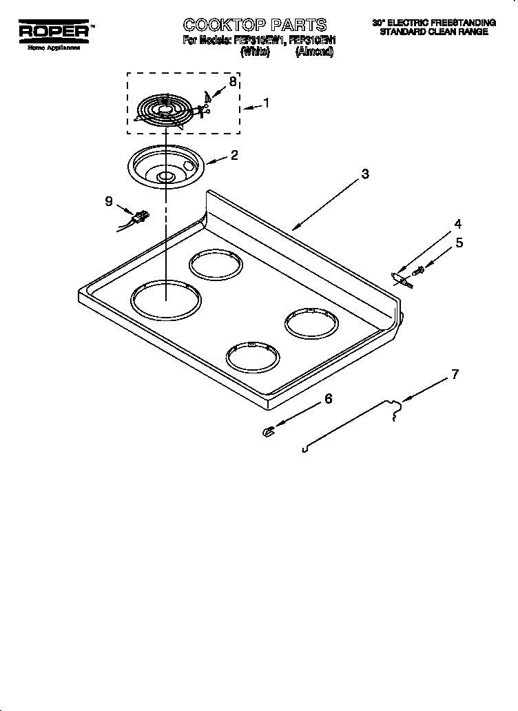 Roper FEP310EW1 cooktop diagram