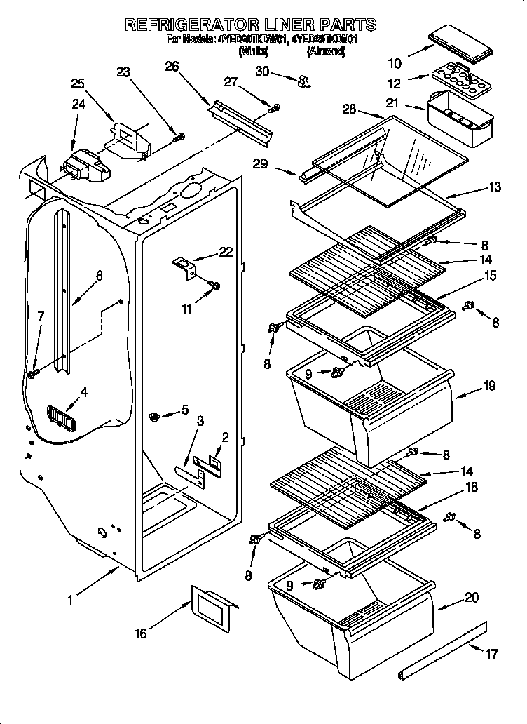 Whirlpool 4YED20TKDW01 refrigerator liner diagram