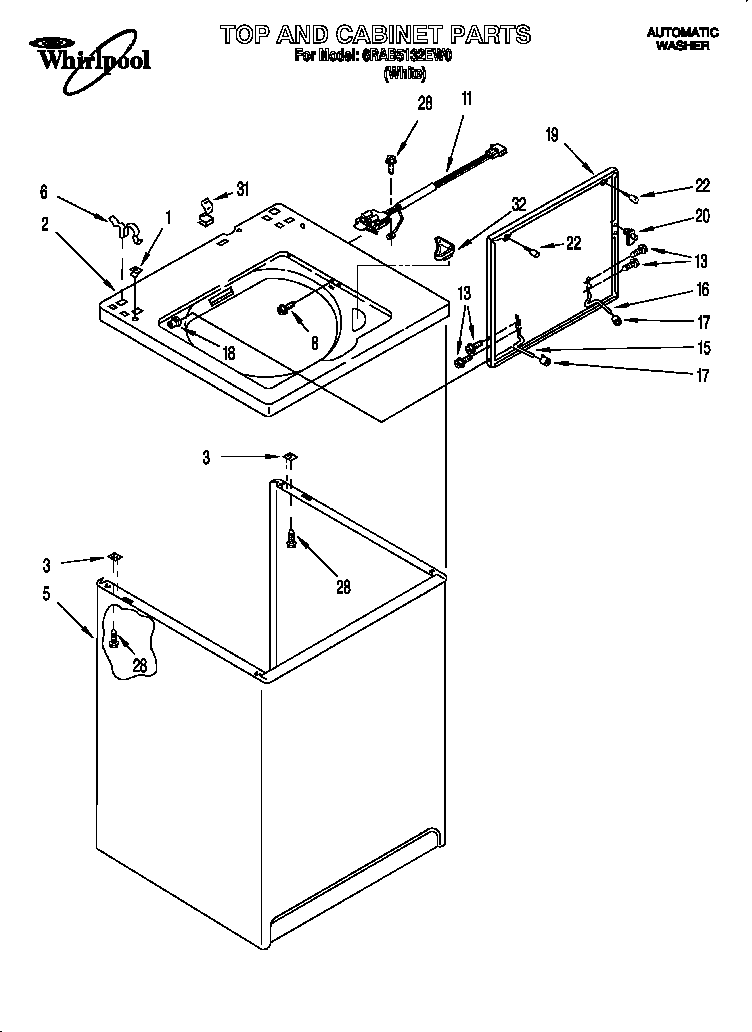 Whirlpool 6RAB5132EW0 top and cabinet diagram