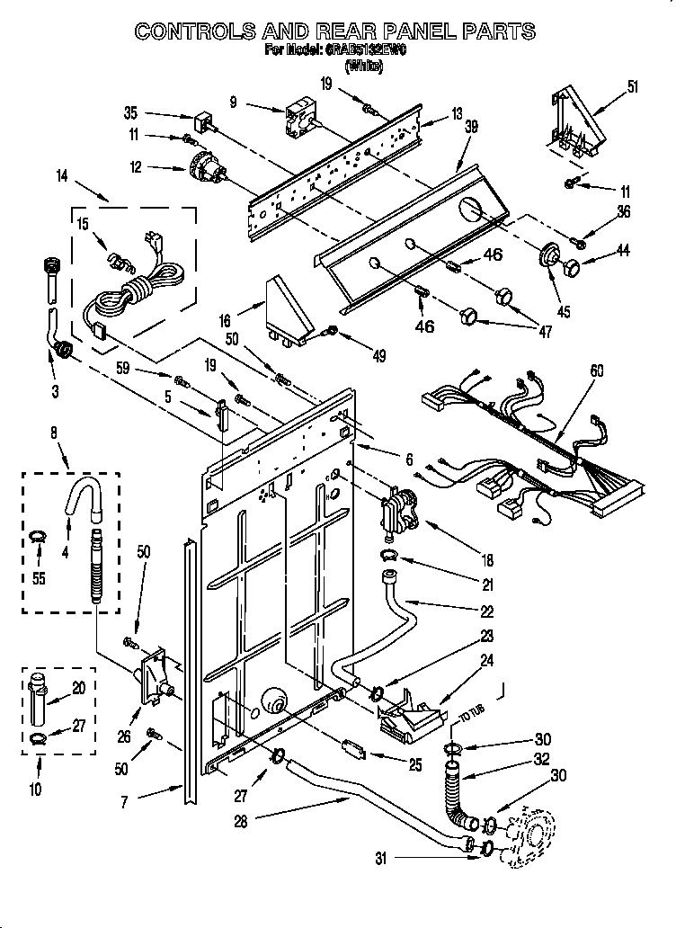 Whirlpool 6RAB5132EW0 controls and rear panel diagram