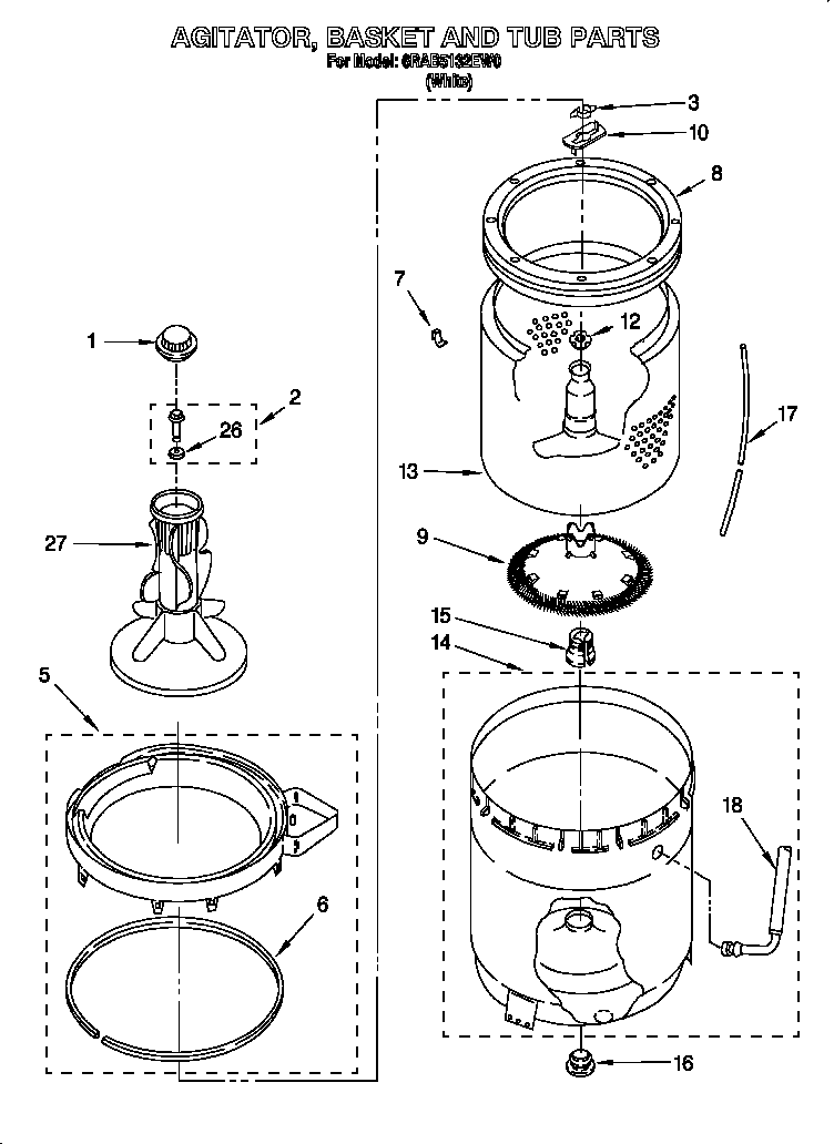 Whirlpool 6RAB5132EW0 agitator, basket and tub diagram
