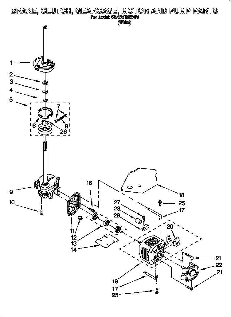 Whirlpool 6RAB5132EW0 brake, clutch, gearcase, motor and pump diagram