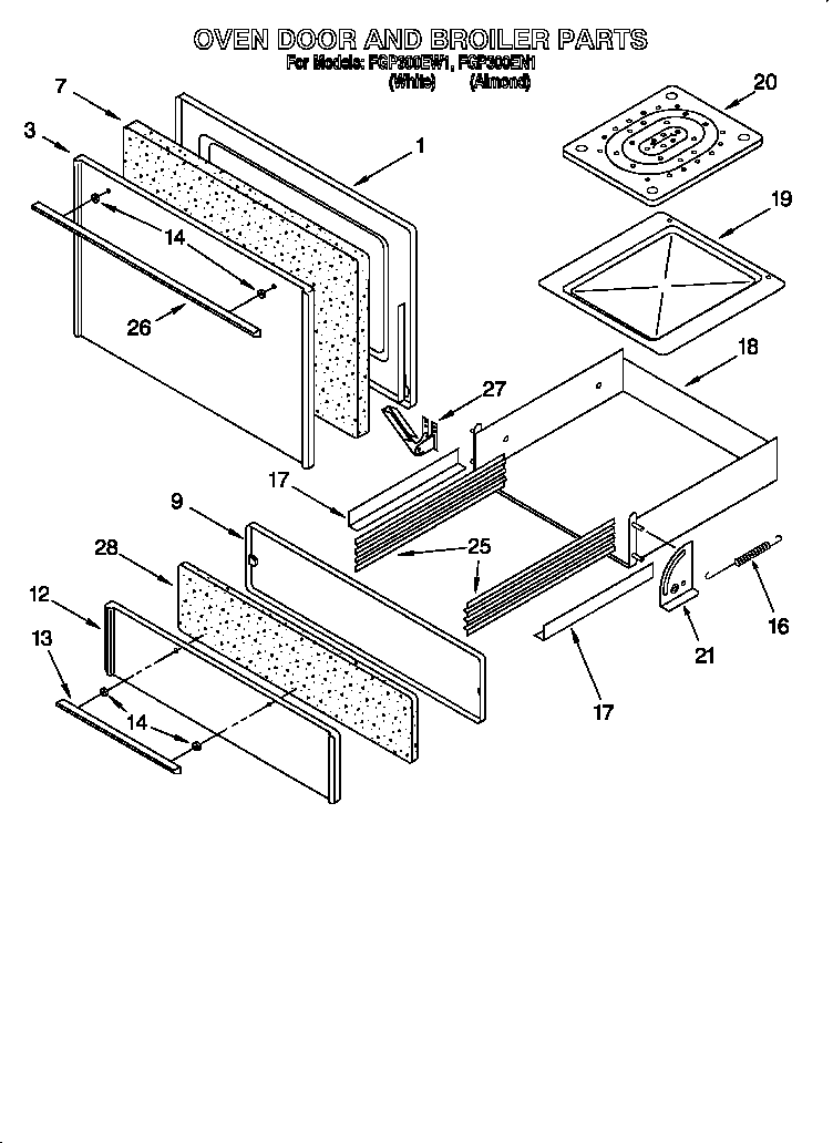 Roper FGP300EW1 oven door and broiler diagram