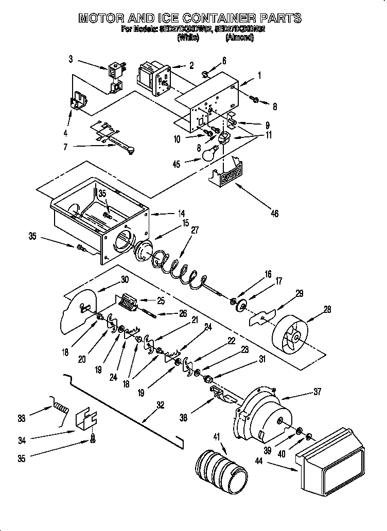 Whirlpool 8ED27DQXDW02 motor and ice container diagram