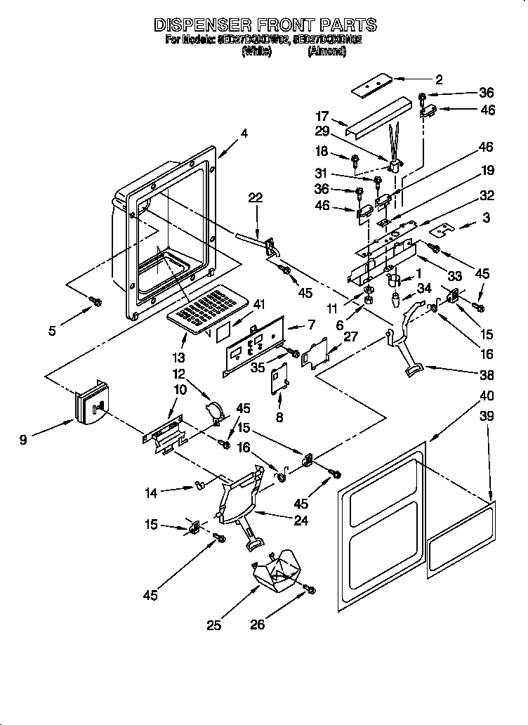Whirlpool 8ED27DQXDW02 dispenser front diagram