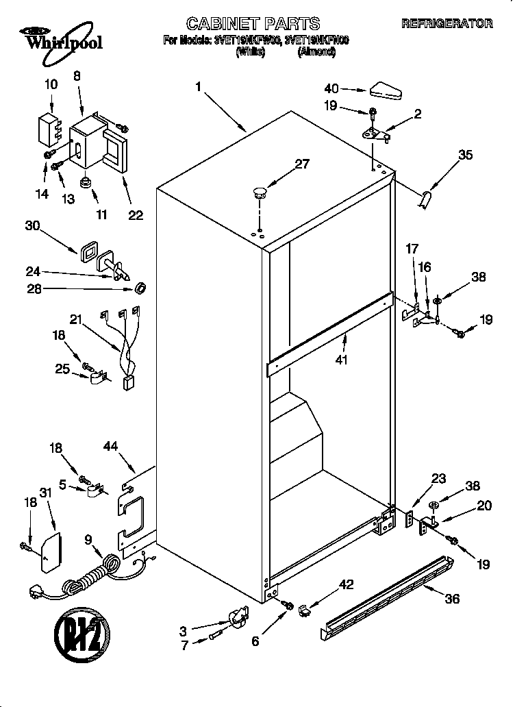 Whirlpool 3VET19NKFN00 cabinet diagram