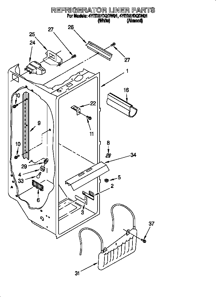 Whirlpool 4YED27DQDW01 refrigerator liner diagram