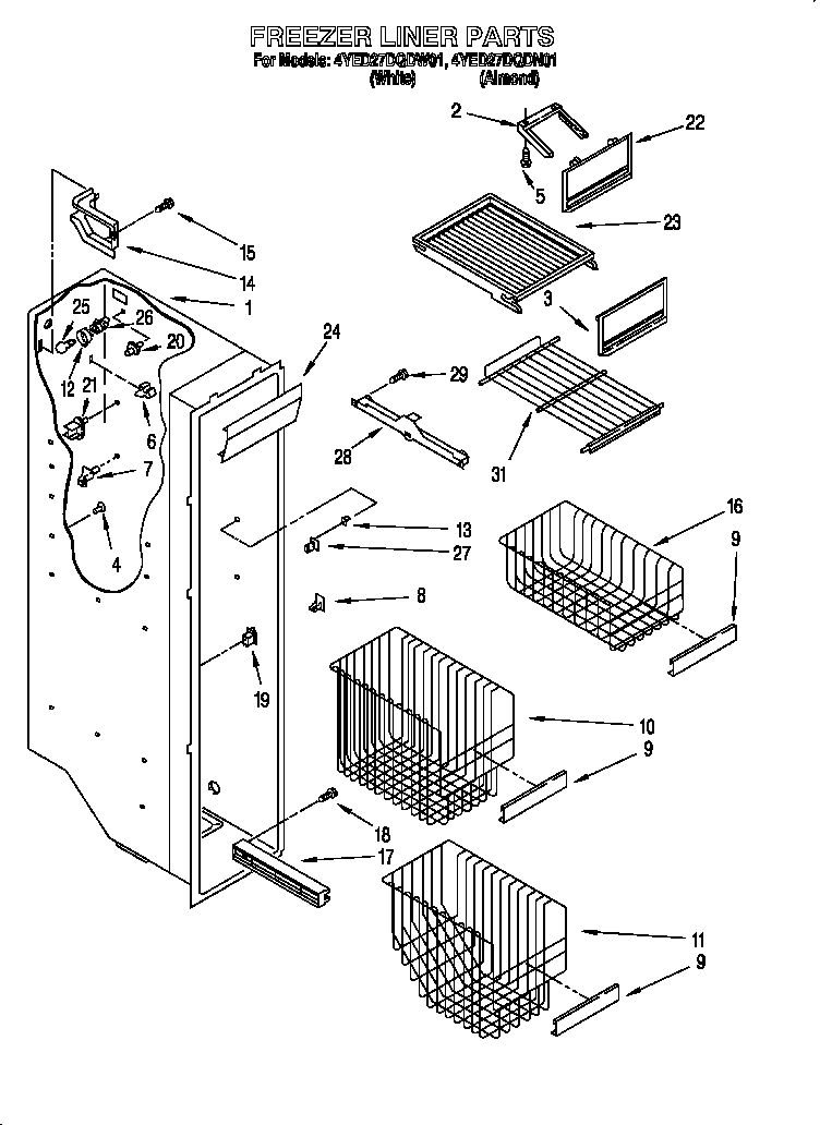 Whirlpool 4YED27DQDW01 freezer liner diagram