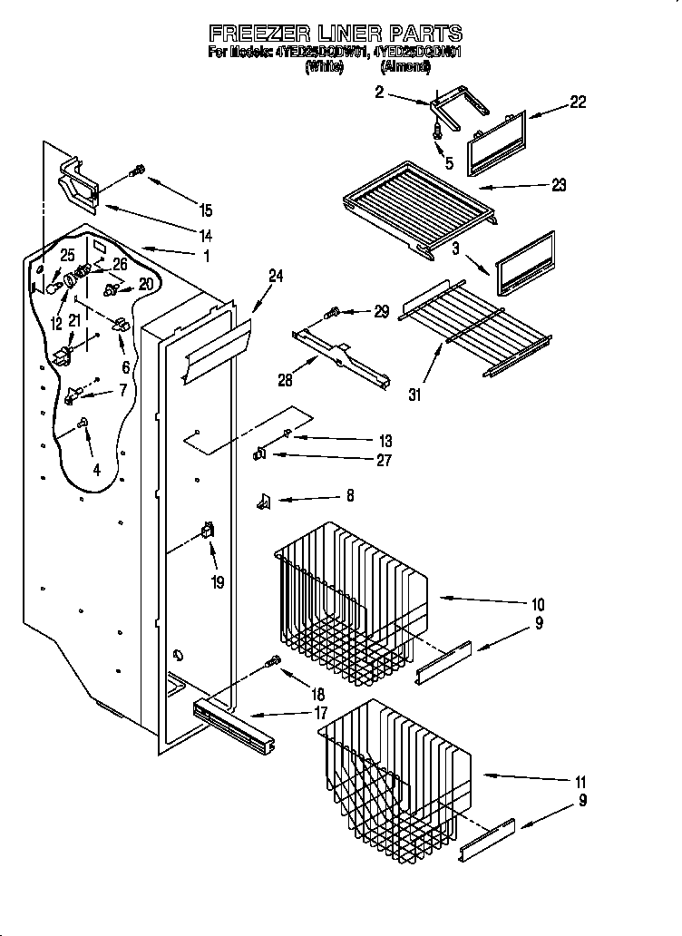 Whirlpool 4YED25DQDW01 freezer liner diagram