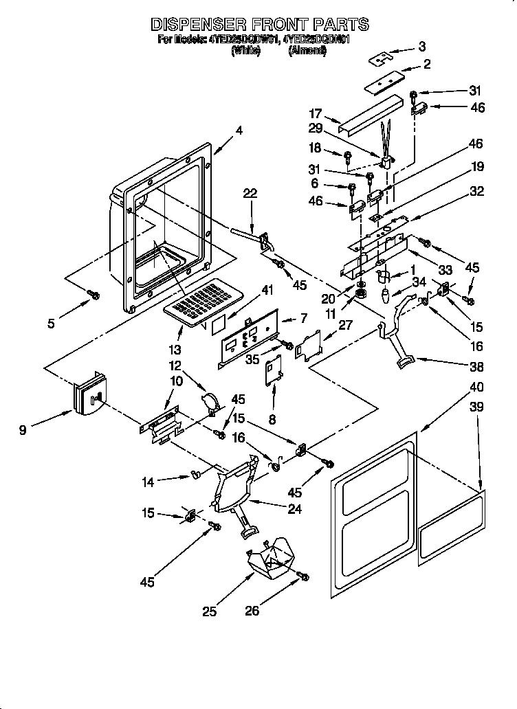 Whirlpool 4YED25DQDW01 dispenser front diagram