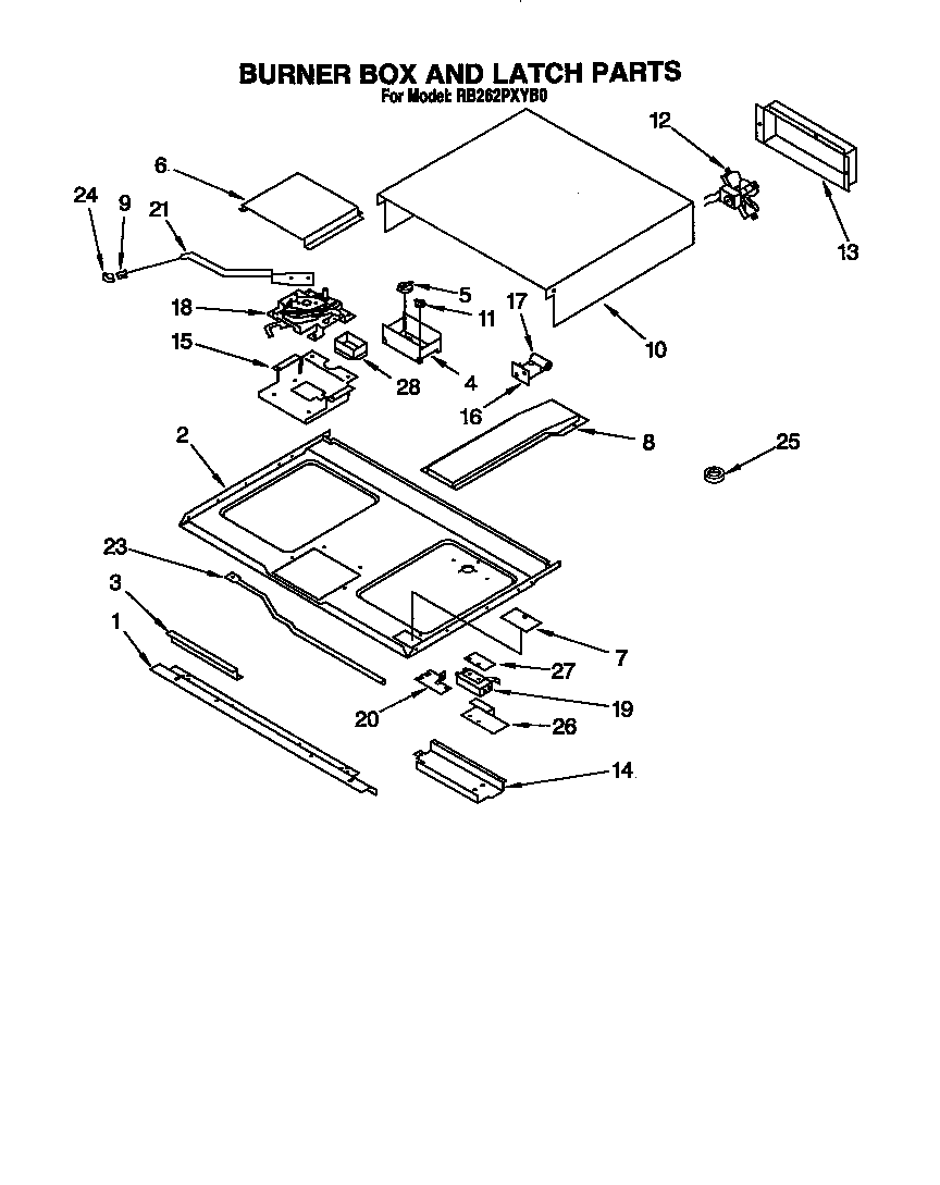 Whirlpool RB262PXYB0 burner box and latch diagram