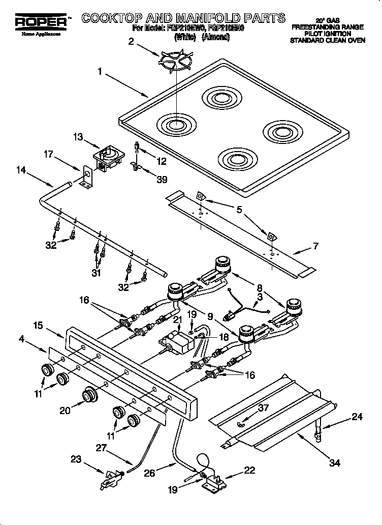 Roper FGP210EN0 cooktop and manifold diagram