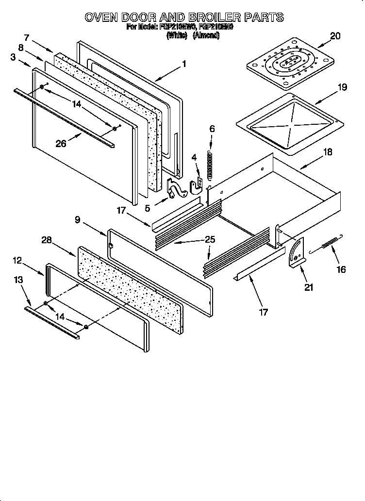 Roper FGP210EN0 oven door and broiler diagram