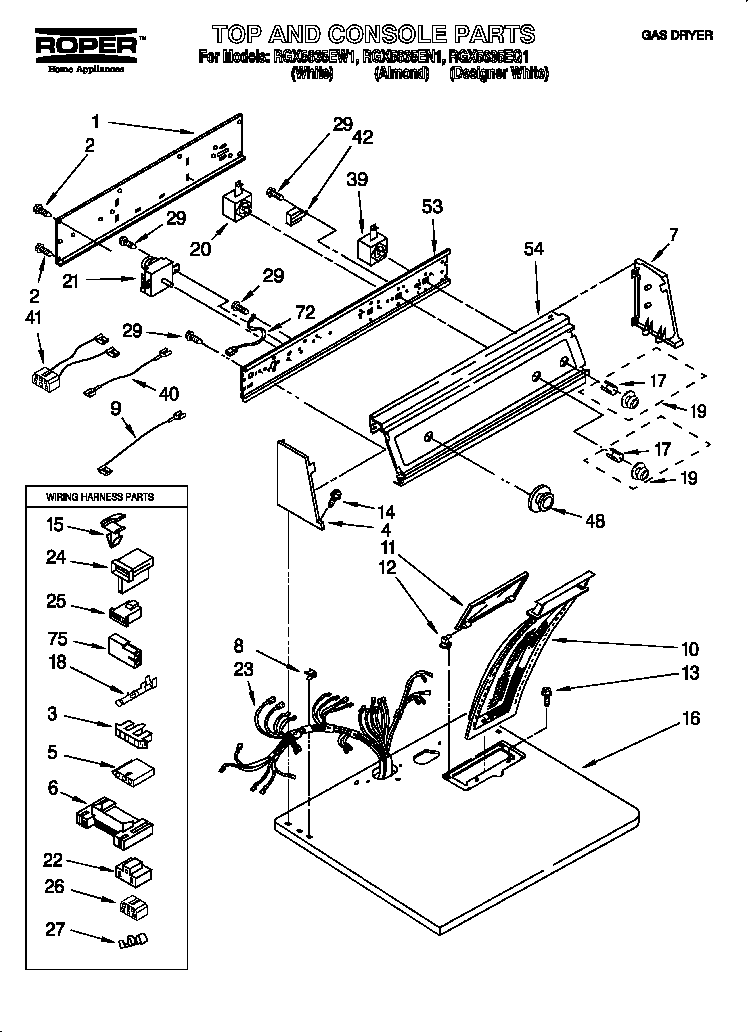 Roper RGX5635EN1 top and console diagram