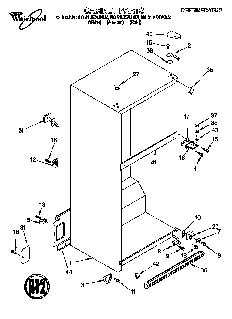 Whirlpool 8ET21DKXDN02 cabinet diagram